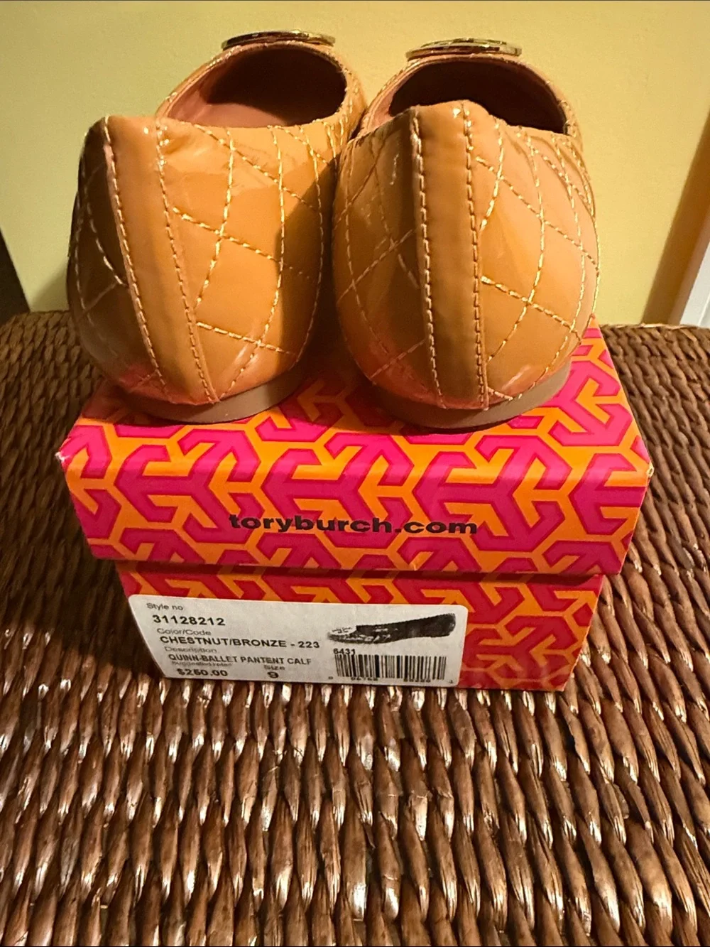 Tory Burch Chestnut Bronze Patent Quilted Logo Ballet Flats